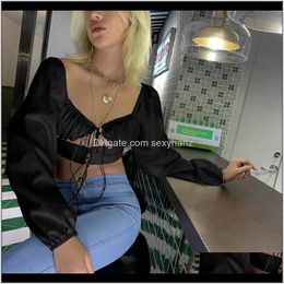 & Clothing Apparel Drop Delivery 2021 Women Long Cut-Out Shirts Solid Bandage Bodycon Crop Top Sexy Womens V-Neck Puff Sleeve Clubwear Street