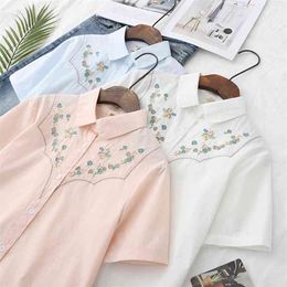 Hsa Womens Blouses Summer Floral Shirts Embroidery Short Sleeve Cotton Casual Tops Blouse Mujer White Blusas Ladies Top 210430