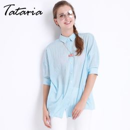 Chemise Femme Loose Blouse For Women Oversized Shirt Tataria Summer Tunics Tops Lace Up White Female s 210514