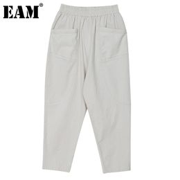[EAM] High Elastic Waist Black Pleated Pocket Long Trousers Loose Fit Pants Women Fashion Spring Autumn 1DD6647 210512
