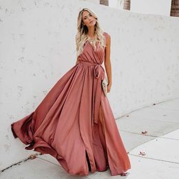 2021 Ladies Evening Dress Solid Colour Summer Long Skirt Bohemian Style Sleeveless Dress Beach Wear XL V Neck Tie Split Long Y1006