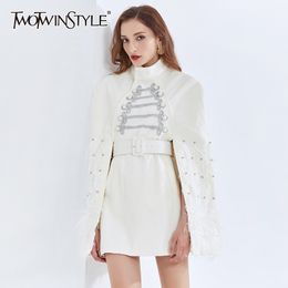 Patchwork Feather Jacket For Women Turtleneck High Waist Sashes Pearl Casual Coats Female Fashion Clothes 210524