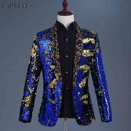 Luxury Royal Blue Sequin Dress Blazer Men Nightclub Stage Shawl Collar Mens Suit Jacket Wedding Party Stage Blazer Masculino 2XL 210522