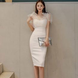 Summer Korean Women Sexy Off Shoulder Spaghetti straps Dress Female V-Neck Night Club Pencil Bodycon patchwork Dress 210514