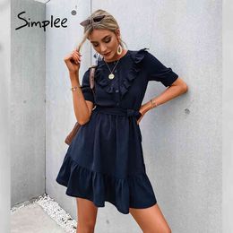 Puff ruffled O-neck women's solid spring summer dress Elegant female office short sleeve Vestidos 210414