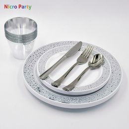 Nicro 10/20/50 pcs/set Silver Cups Plastic Plates Fork Knives Spoons Disposable Clear Dinnerware Set Party Supplies #DPT37 210408