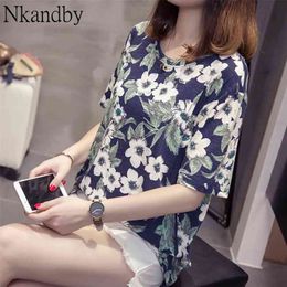 Nkandby Plus Size T-shirt Tops For Women Summer Floral Printing Tee Shirts Casual Loose Short Sleeve Bamboo Cotton Large Tshirt 210623