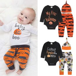 All Saints' Day Pumpkin Baby Boy Clothes Suits Infant Bodysuit Trouser Hat Newborn Outfits Halloween Clothing Sets Jumpsuit 0-2Y 210413