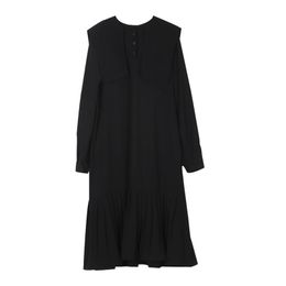 Black Long Sleeve Solid Knee Length Dress Sailor Collar Button Autumn Winter Elegant D1684 210514