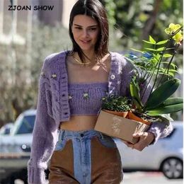 1 set Spring Korea Style Vintage Embroidery Flower Cardigan Tank Top V neck Single-breasted Button Knitted Sweater Jumper 210429