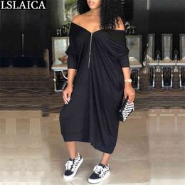 Dresses Solid Colour Loose Zipper Design Fashion Casual Off Shoulder Spring Summer Plus Size Elegant Women 210515