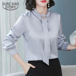 Autumn Korean Long Sleeve Sequined Bow Satin Blouse Loose Silk Shiny Chiffon Pullover Shirt Bottoming Women's Tunic 10883 210508