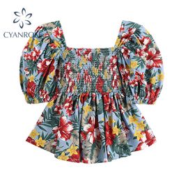 Elastic Blouses Or Tops Women Puff Short Sleeve Summer High Waist Chic Beach Shirts Retro 2 Color Floral Print Holiday Tops 210417