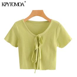Women Chic Fashion Lace-up Cropped Knitted Cardigan Sweater V Neck Short Sleeve Female Outerwear Tops 210420