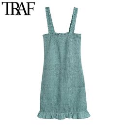 TRAF Women Chic Fashion Ruffled Hem Smocked Mini Dress Vintage Backless Wide Straps Female Dresses Vestidos Mujer 210415