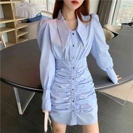 Korean Fashion Casual Elegant Long Sleeve Single-Breasted Chic Shirt Dress Women Vintage Bodycon Mini Vestido De Mujer 210514