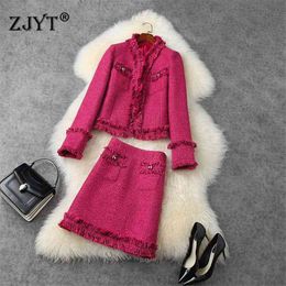 High Quality Runway Designers Winter Suit Women Elegant Long Sleeve Tassel Tweed Woolen Jacket and Skirt 2 Piece Matching Sets 210330