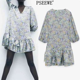 Spring Vintage Printed Mini Satin Dress Woman V Neck Ruffle Puff Sleeve Short Dresses Women Casual Summer 210519