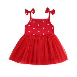 Girl's Dresses Elegant Little Girl Princess Dress, Dots Printed Bow Knot Square Neck Sleeveless Tops Solid Colour Yarn Skirt, Kids Clothing