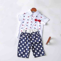 Boys Summer Clothes Kids Outfits Cartoon Print Lapel Shirt + Shorts Belt 3 Piece Boy Suit 210515