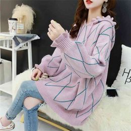 Hooded Sweater Women Loose Lazy Wind Jacket Autumn Pullover Plaid Casual Winter 210427