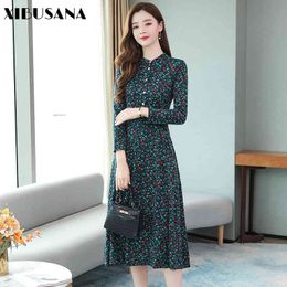 Autumn Fashion Printed Belly Dress High Waist Slim Long Sleeve O-neck Pullover Knitted Office Lady Dresses 210423