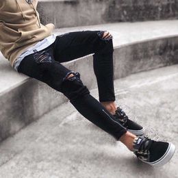 2021 NEW Brand Men Jeans Skinny Ripped Destroyed Stretch Slim Fit Pencil Pants With Holes For Men Casual Black Street Trousers X0621