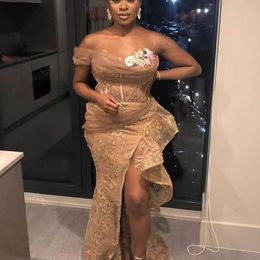 African Aso Ebi Style Champagne Lace Corset Formal Evening Dresses Sexy Side High Split One Shoulder Plus Size Ruffles Mermaid Prom Gowns Special Occasion Dress 2021