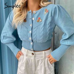 Causal blue autumn winter short women cardigan Elegant flower split puff sleeve Fashion female knitted sweater 210414