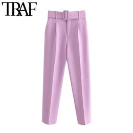 TRAF Women Fashion With Belt Side Pockets Office Wear Pants Vintage High Waist Zipper Fly Female Ankle Trousers Mujer 210915