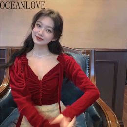 Sexy Tops Solid Red Elegant Vintage Spring Ropa Mujer Autumn Pleated Short V Neck Women Blouse Korean Style 19493 210415