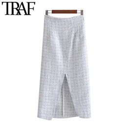 TRAF Women Chic Fashion Front Vents Tweed Midi Dress Vintage High Waist Back Zipper With Lining Female Skirts Mujer 210415