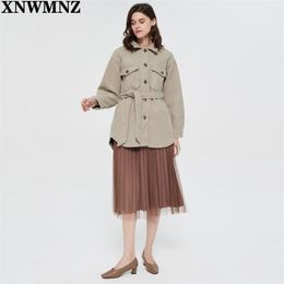 XNWMNZ Za Women Fashion With Belt Loose Woollen Jacket Coat Vintage Long Sleeve Side Pockets Female Outerwear Chic Overcoat 211014