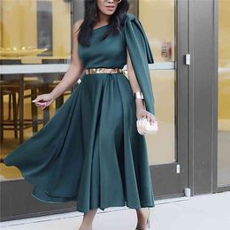 Green Stylish Occassion Dresses One Shoulder with Big Bow tie A Line Pleated Flare Party Celebrate Event Christmas Lady Vestidos 210416