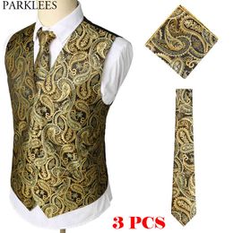 Gold Paisley Floral Jacquard 3pcs Vest+Tie+Hankerchief Set Brand Slim Fit Business Wedding Sleeveless Waistcoat Men Gilet Homme 210522