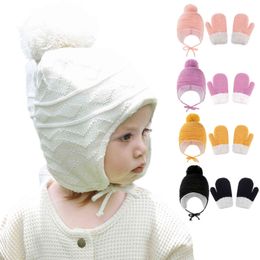 Cute Pompom Baby Hat Gloves Set Warm Winter Kids Beanie Hat Crochet Solid Colour Ear Protection Toddler Children Bonnet Cap New Y21111