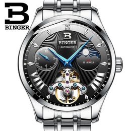 Switzerland BINGER Watch Men Automatic Mechanical Watches Sapphire Wrist Waterproof Tourbillon Wristwatches