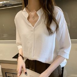 Summer Plus Size Solid Elegant Chiffon Shirt Women Office Casual Loose V Neck Blouse Pullover Ladies Tops Blusas 9998 210508