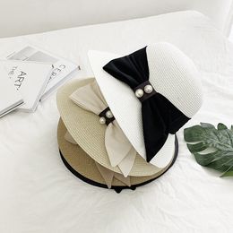 Outdoor Women Straw Hat Vintage Pearl Bowknot Basin Cap Vacation Beach Sunscreen Caps Foldable Wide Brim Hats