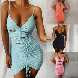 Women Bodyon Dress Summer Sexy Spaghetti Strap V Neck Hollow Out Drawstring Pleated Nightclub Dresses Ladies Wrap Hip Mini Dress 210507