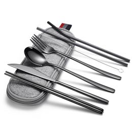 Dinnerware Sets 9pcs Stainless Travel Camping Cutlery Set Straight Bent Drinking Straw With Case Cleaning Brush Coffee Spoon Metal Reusable