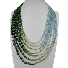 YYGEM 7 Strands Natural Aquamarine Peridot Diospside Prehnite Freefrom Statement Necklace Vintage style For women