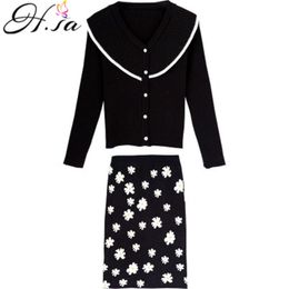 H.SA Autumn Women and Cardigans Black 2 Pieces Suit Floral Knee Length Skirt Winter Sweater 210417