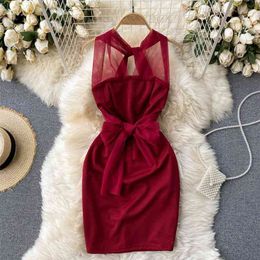 Women Fashion Sexy Mesh Hanging Neck Backless Chic Bow Slim Package Hip Solid Color Dress Vestidos De Mujer R385 210527