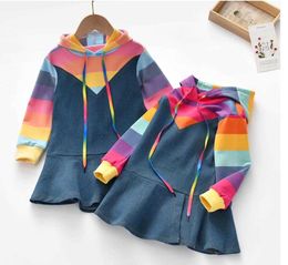 Girl Long Sleeve Autumn Rainbow Stripe Hoodie Kid Children Party Suits Denim Hoodie Kids Dress denim dresses Q0716