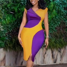 Women Bodycon Dress Yellow Purple Patchwork Short Sleeve Office Lady Slim Femme Vestido Modest African Large Size Summer Fashion 210331