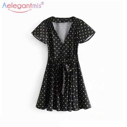 Aelegantmis Fashion Black Print Women Summer Dress Sexy V Neck Short Sleeve Mini Ladies Elegant Casual Spring es 210607