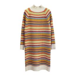 Khaki Geometric Knitted Sweater Dress Loose Long Sleeve Mini Short Winter Autumn Stand Collar D0880 210514