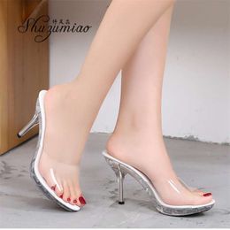 Women's Slippers OutdoorTransparent Crystal Bottom Summer Sandal 9cm Beach Salk Ladies High Heels Sexy Women Shoes Black Silver 210928