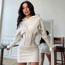 Hugcitar Solid Hooded Long Sleeve Corset Patchwork Sexy Women Skinny Mini Dress 2021 Summer Fall Streetwear Outfits Y2K Y1204